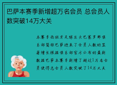 巴萨本赛季新增超万名会员 总会员人数突破14万大关 巴萨本赛季新增超万名会员 总会员人数突破14万大关